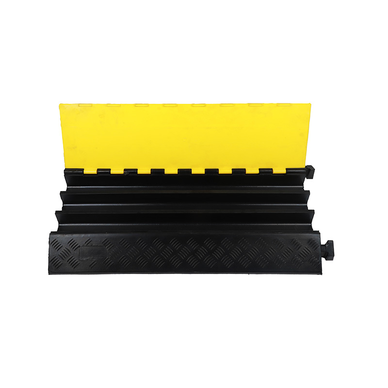 Rampa protectora de cables de goma modular resistente, cubierta de cables de 2 canales, protector de cables de tráfico, negro con rayas amarillas